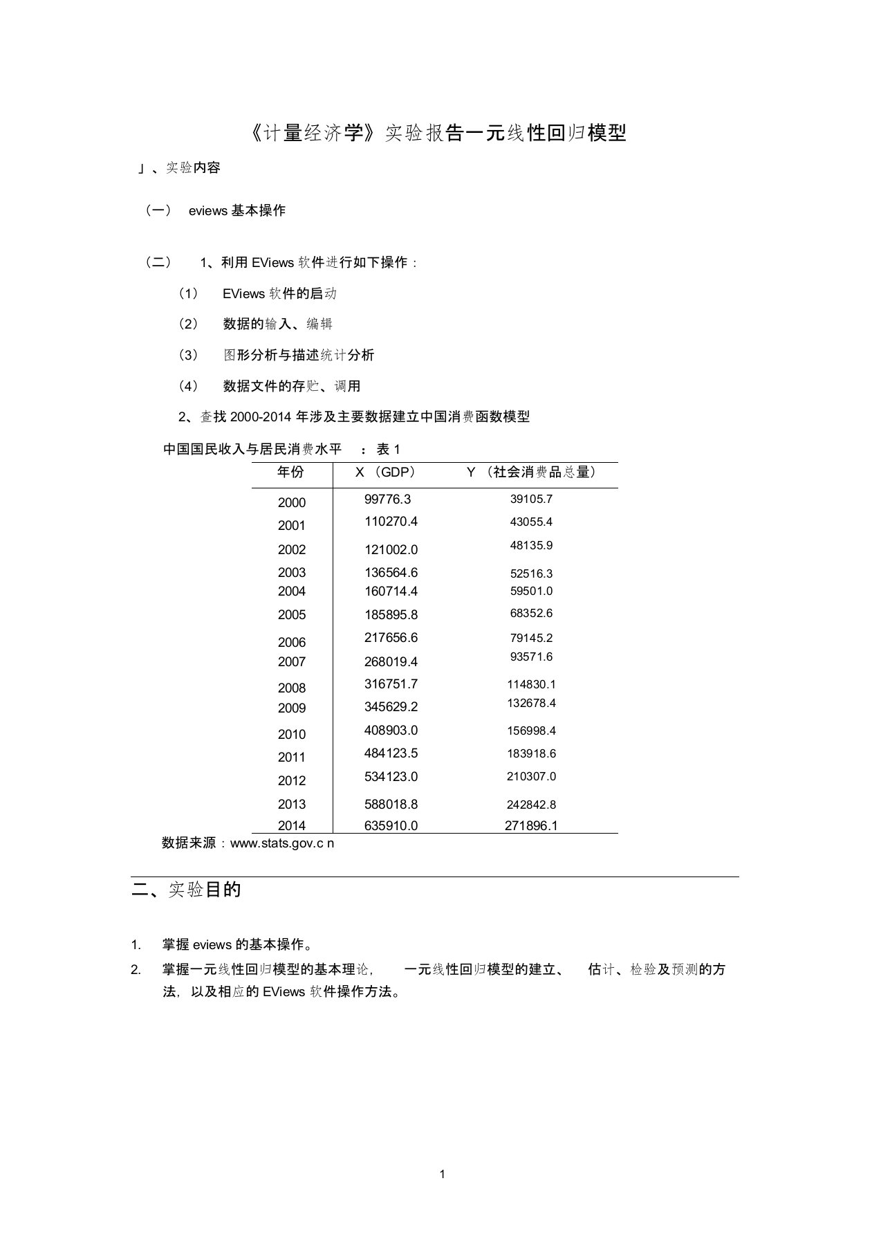 《计量经济学》eviews实验报告一元线性回归模型详解