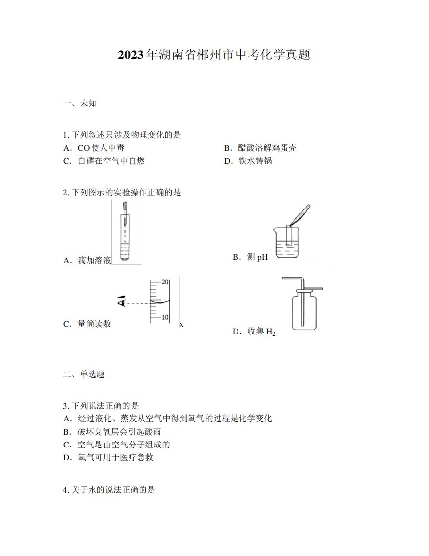 2023年湖南省郴州市中考化学真题