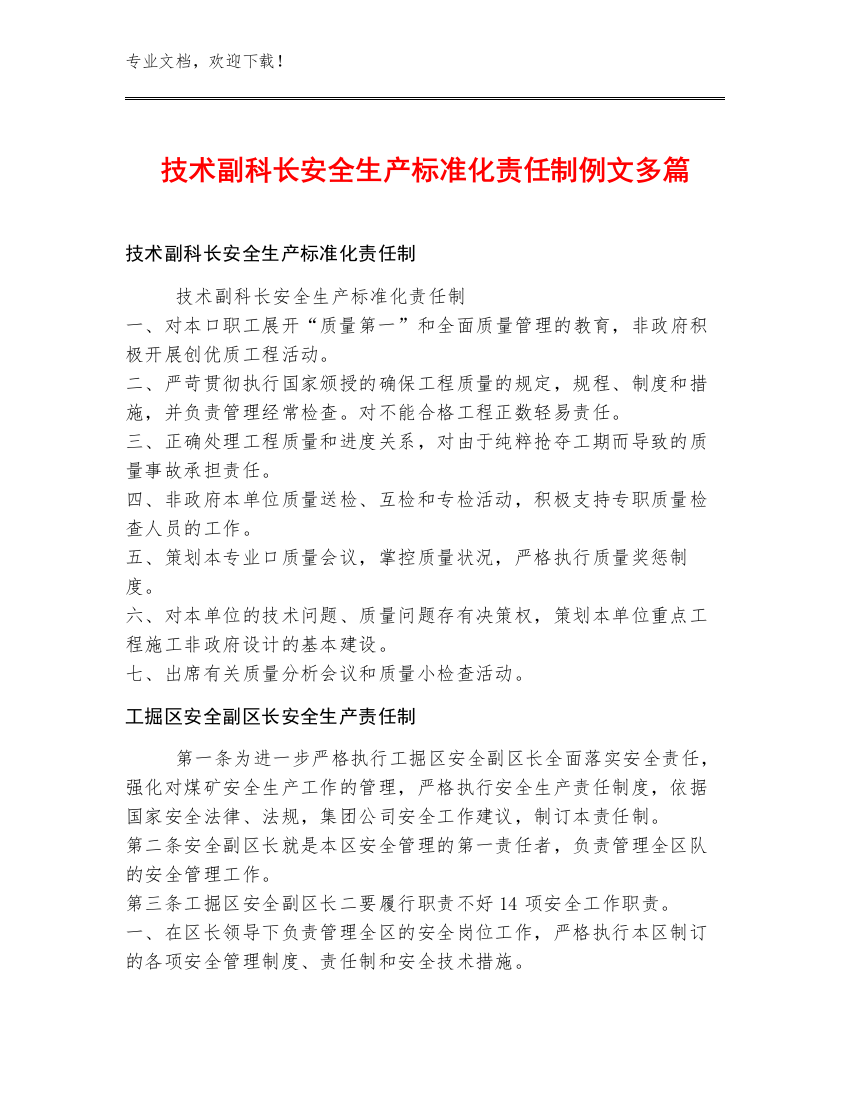 技术副科长安全生产标准化责任制例文多篇