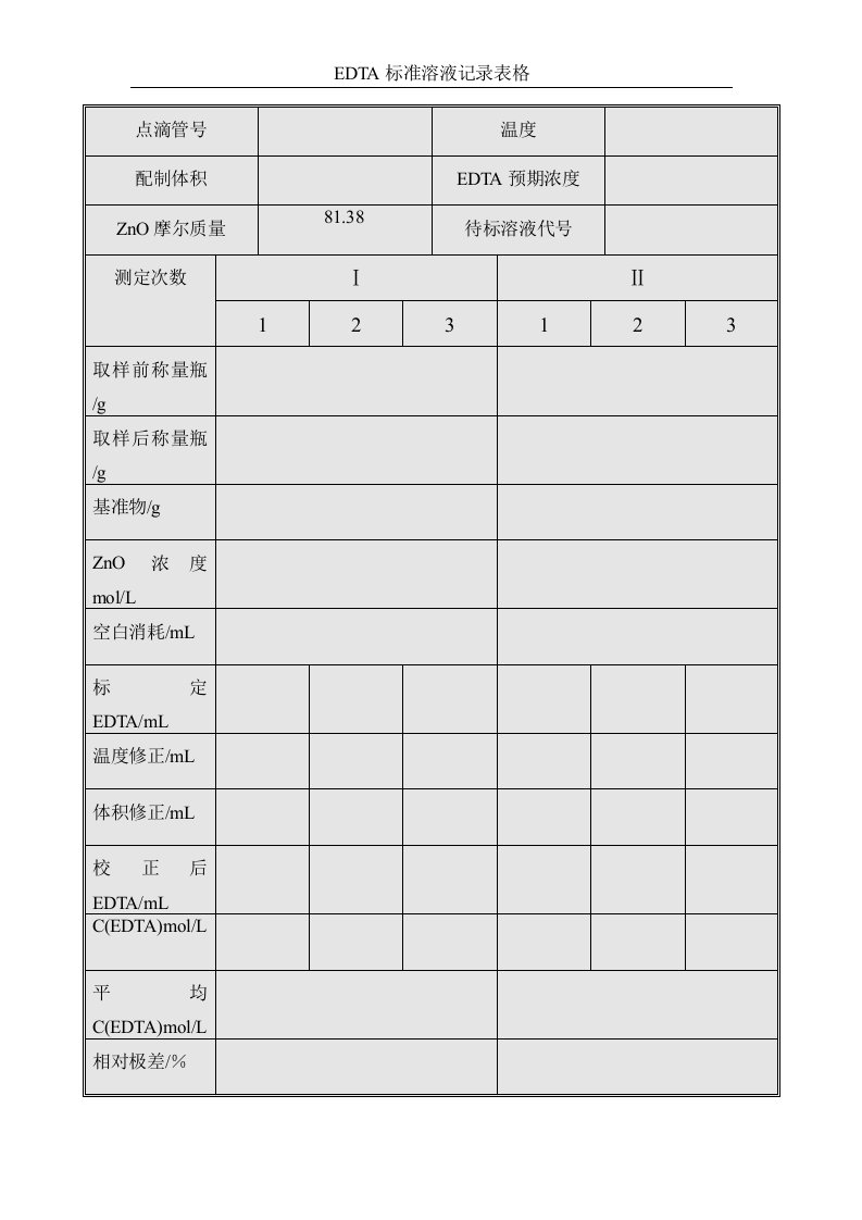 EDTA标准溶液记录表格