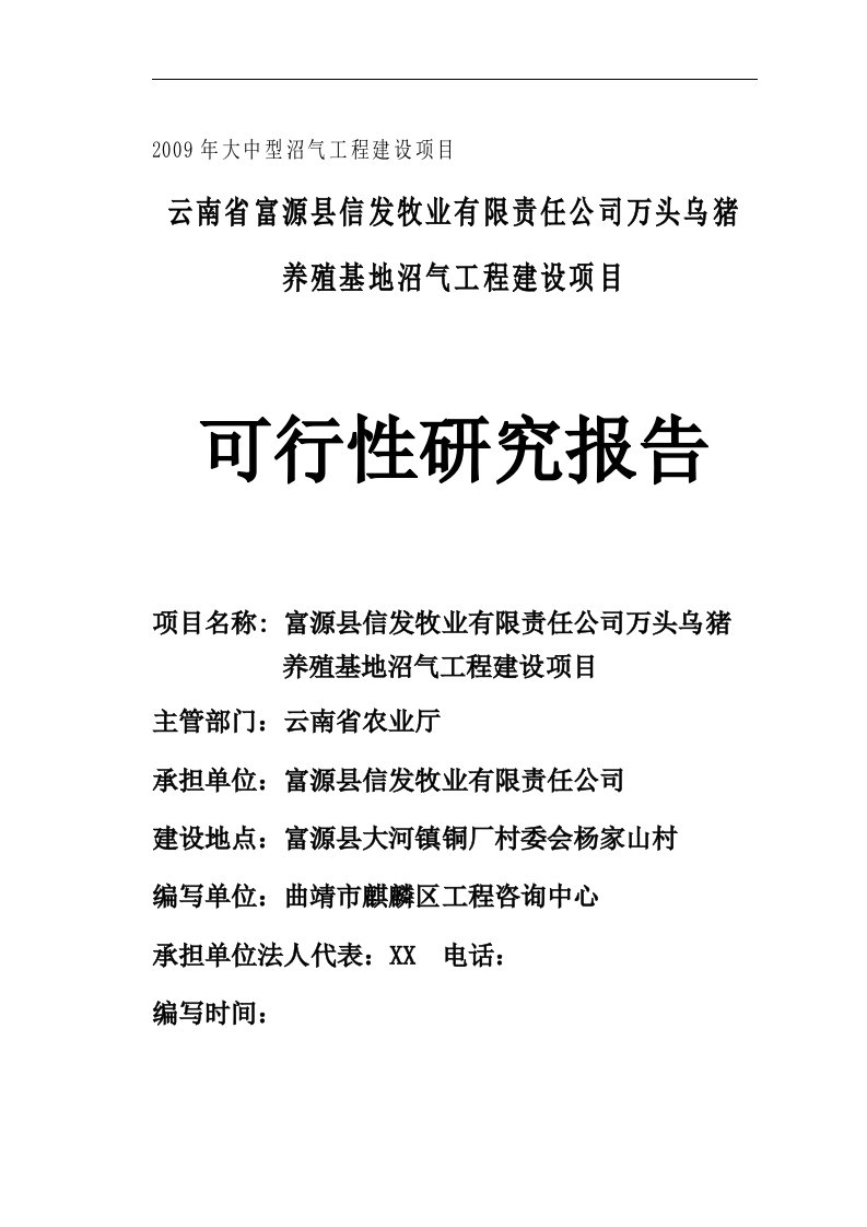 万头乌猪养殖基地沼气工程建设项目投资可行性计划书