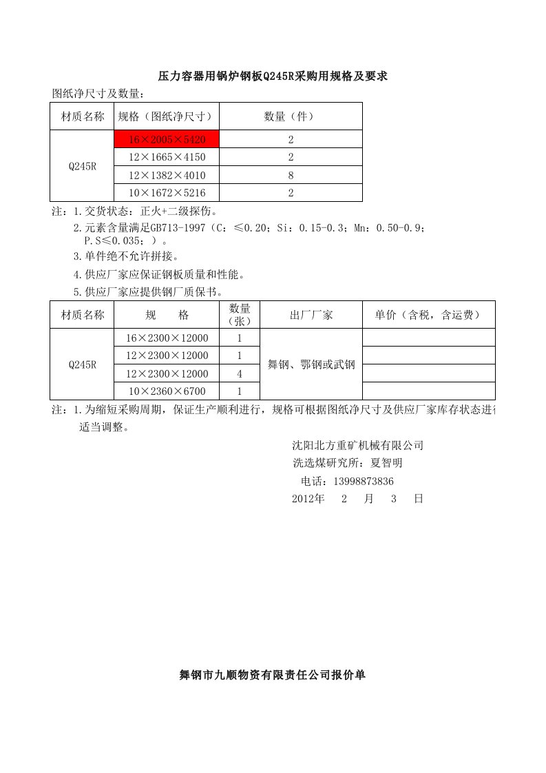 压力容器用锅炉钢板Q245R采购用规格及要求