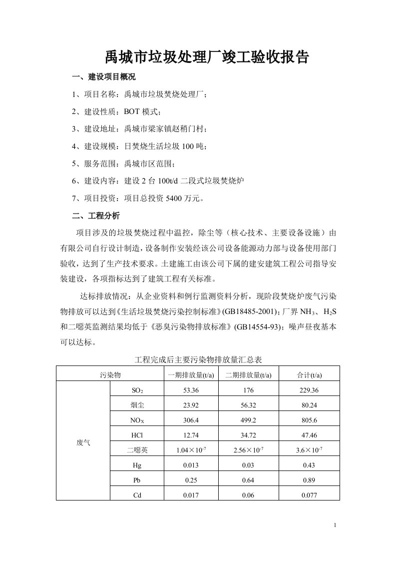 禹城市垃圾处理厂竣工验收报告