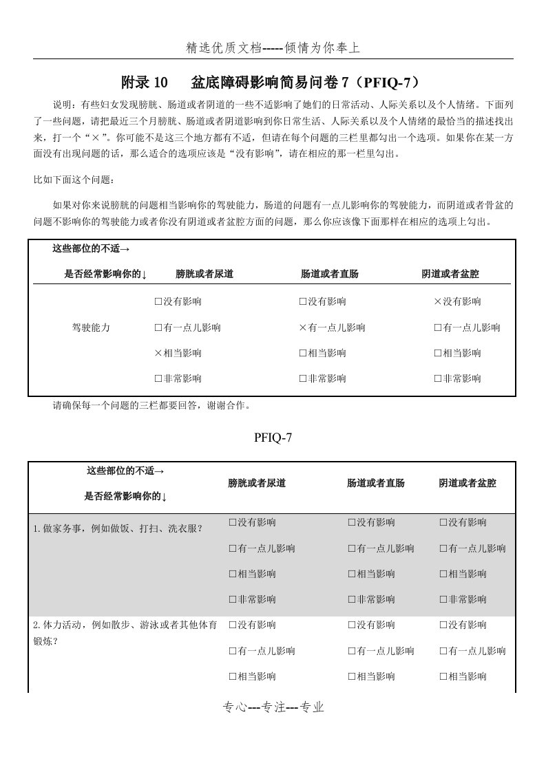 盆底障碍影响简易问卷(共2页)