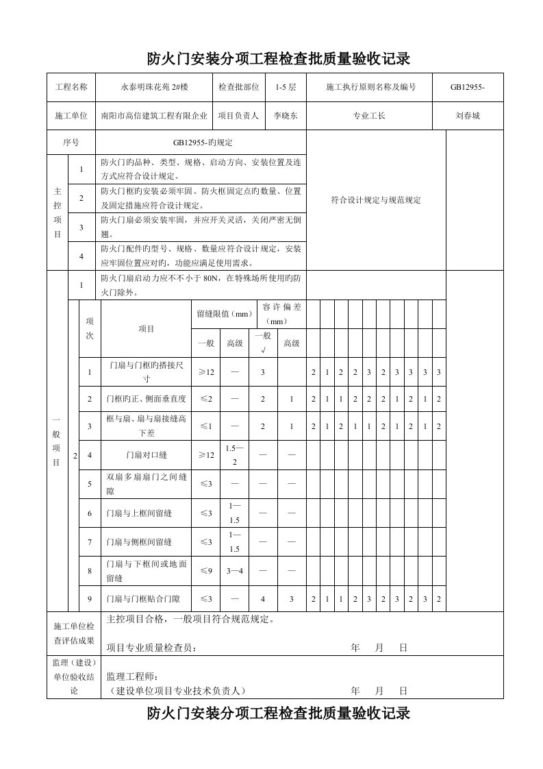 防火门安装分项工程检验批质量验收记录