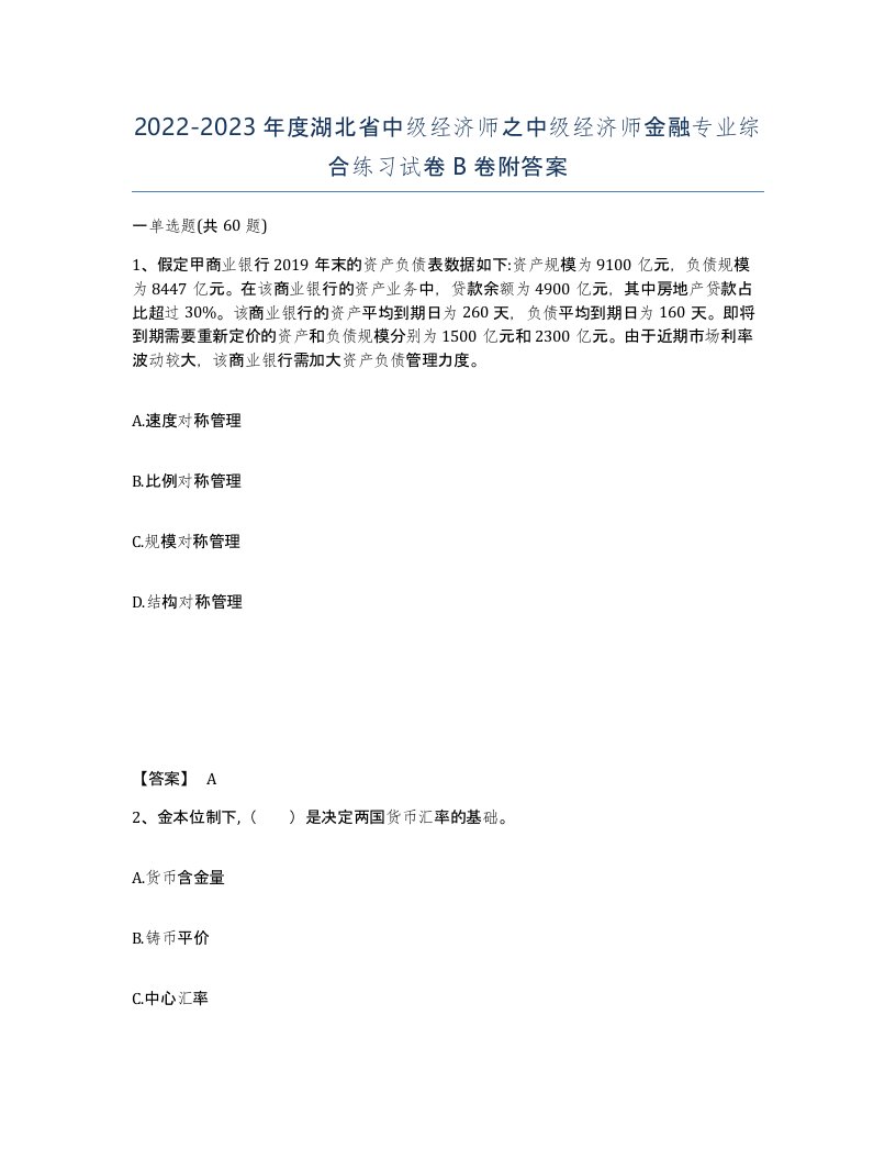 2022-2023年度湖北省中级经济师之中级经济师金融专业综合练习试卷B卷附答案