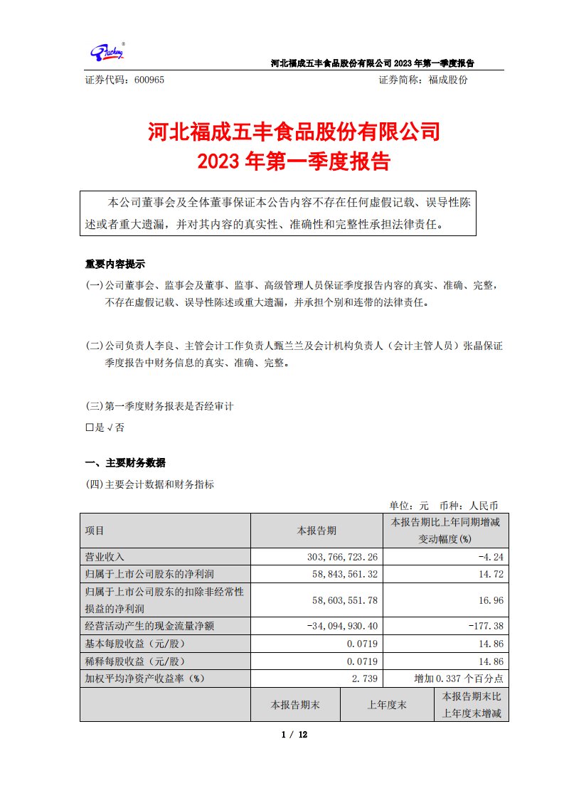 上交所-福成股份：2023年第一季度报告-20230414