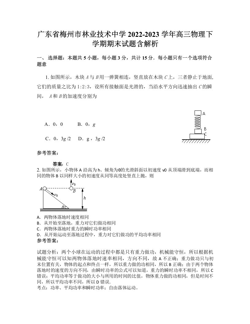 广东省梅州市林业技术中学2022-2023学年高三物理下学期期末试题含解析