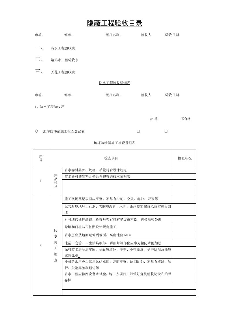 室内装修隐蔽工程验收单模板