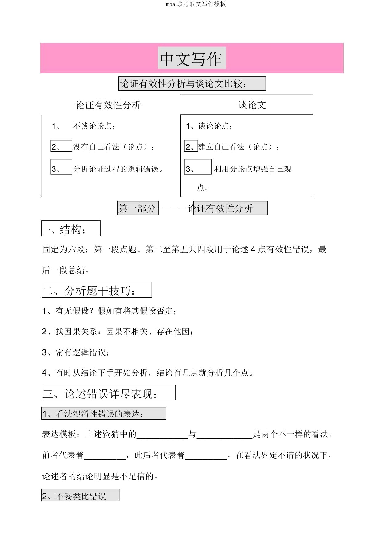 mba联考中文写作模板