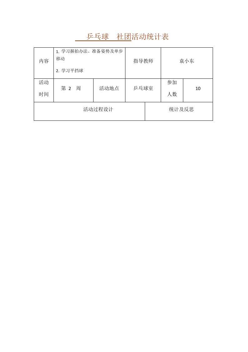 乒乓球社团活动记录表