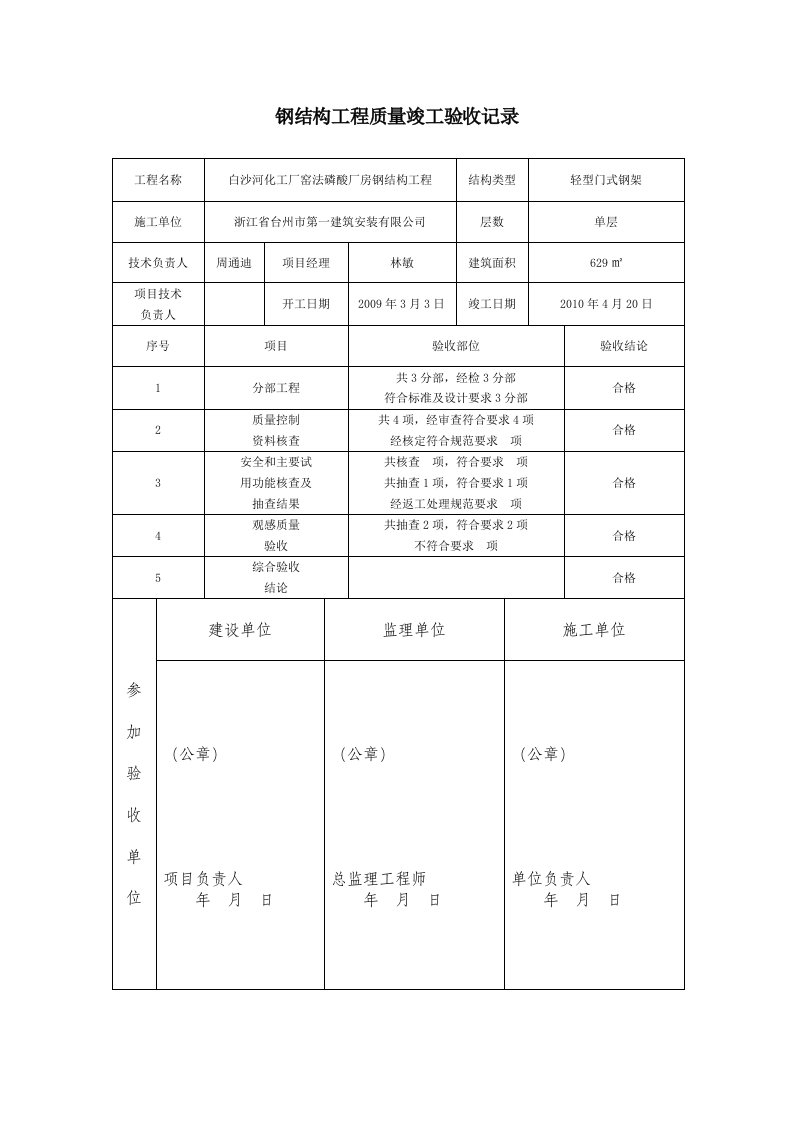 钢结构工程质量竣工验收记录表