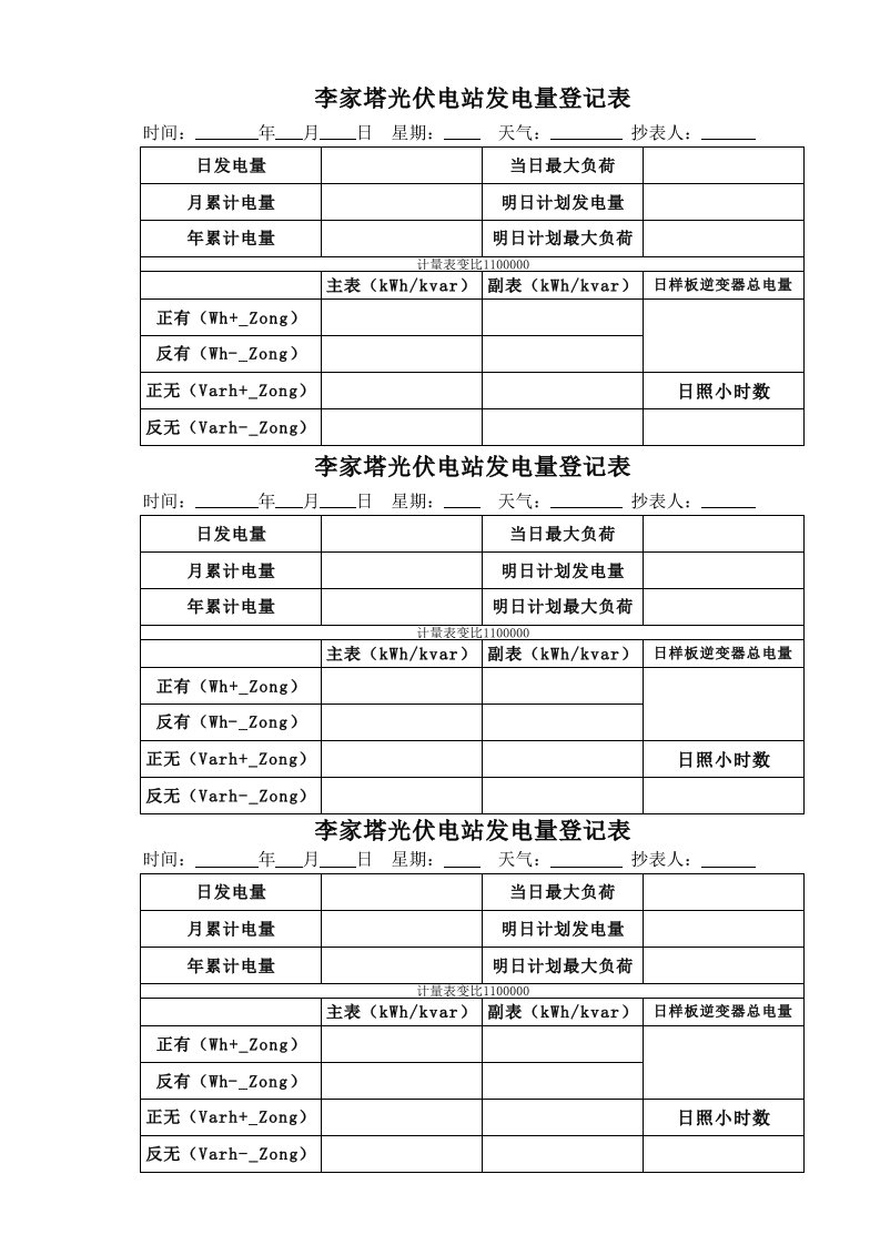 光伏电站日发电量统计表