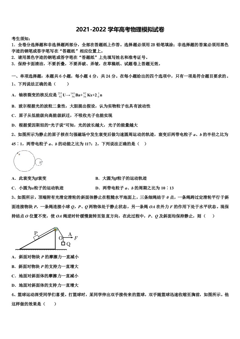 2022届山东省桓台第二中学高三第六次模拟考试物理试卷含解析