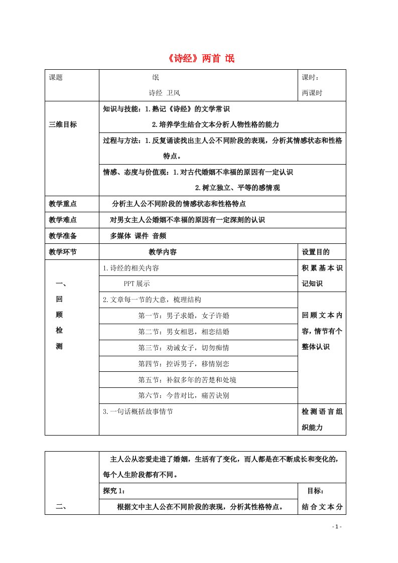 2021_2022学年高中语文第二单元4诗经两首氓教案4新人教版必修2