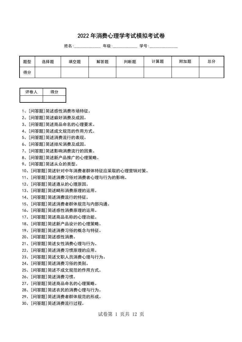 2022年消费心理学考试模拟考试卷