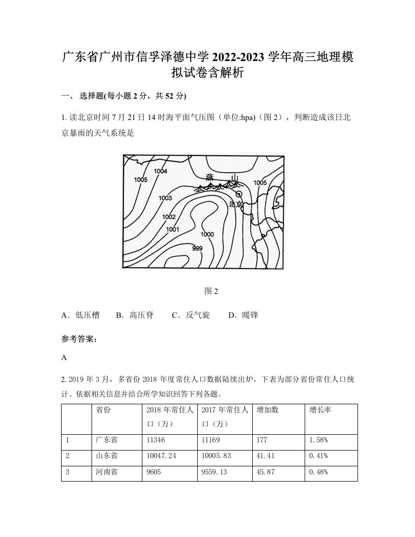 广东省广州市信孚泽德中学2022-2023学年高三地理模拟试卷含解析