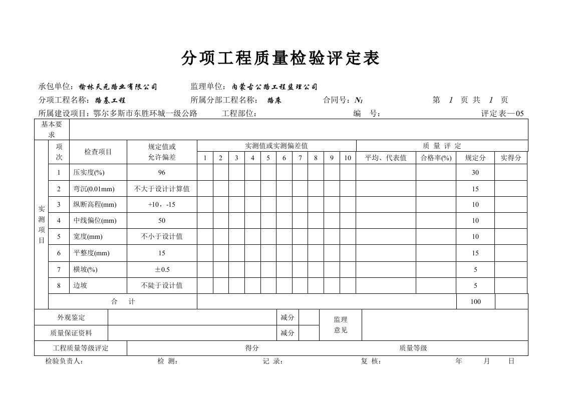 公路路床分项工程质量检验评定