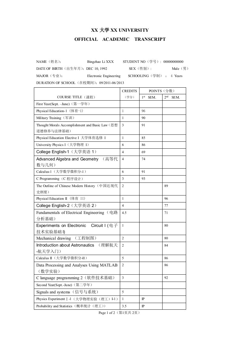 大学英文成绩单电子版样本