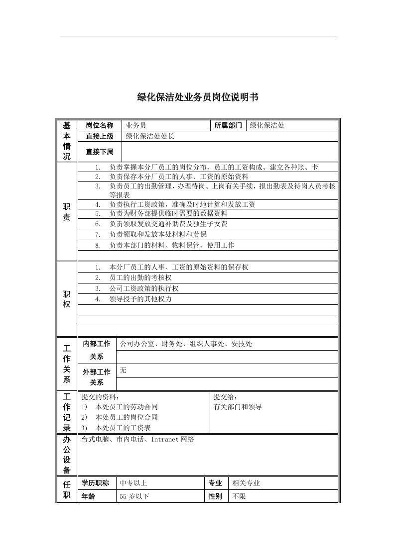 恒丰纸业集团绿化保洁处业务员岗位说明书