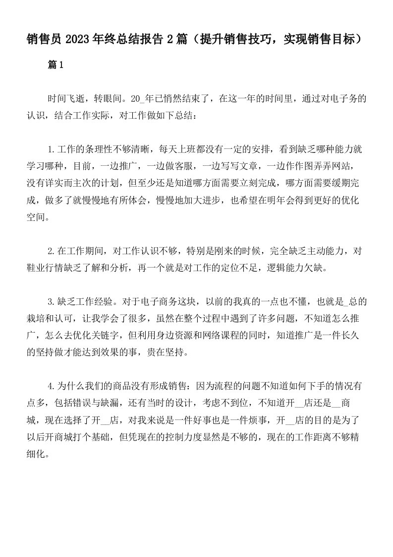 销售员2023年终总结报告2篇（提升销售技巧，实现销售目标）