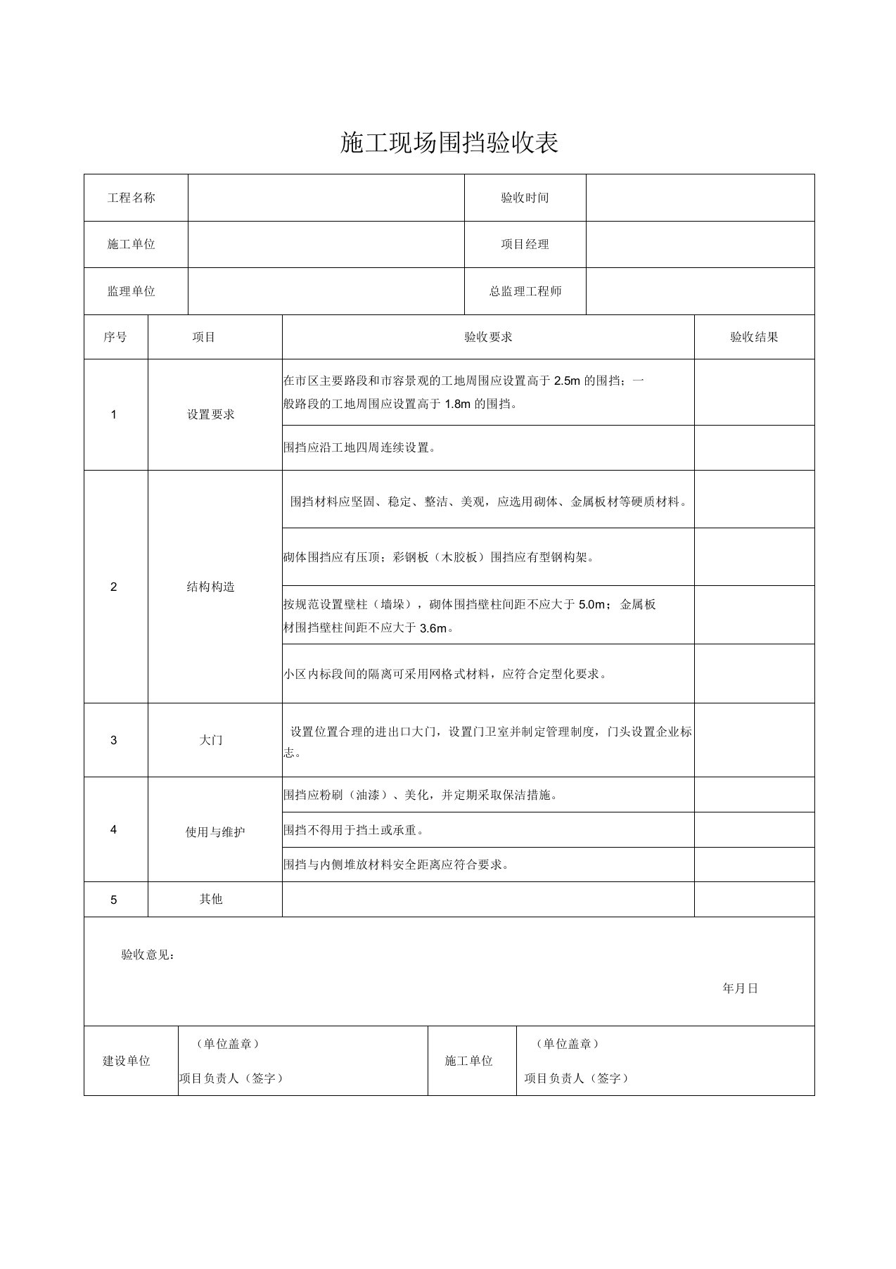 施工现场围挡、临设验收用表