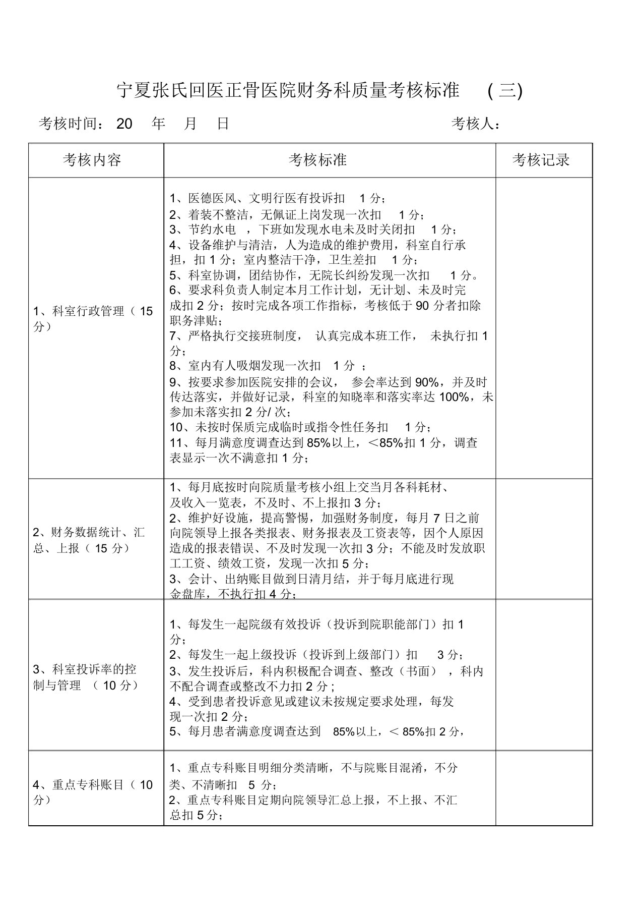 医院财务科质量考核标准