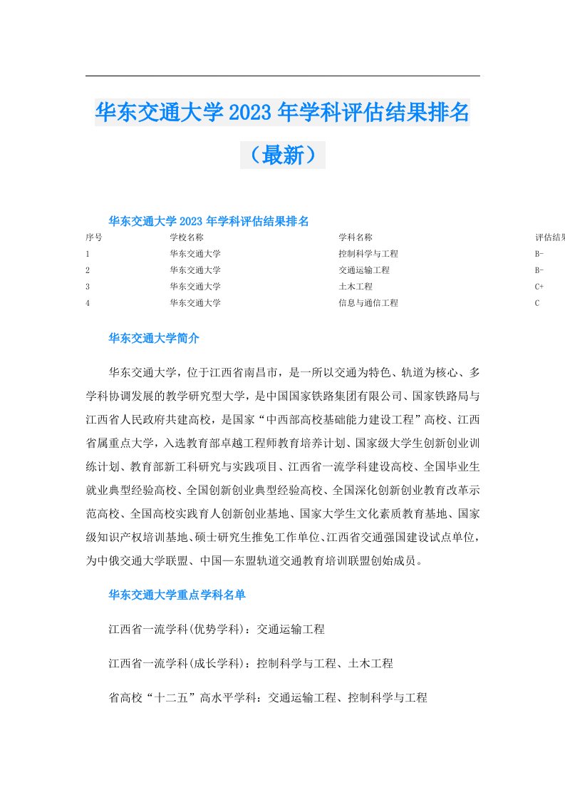 华东交通大学学科评估结果排名（最新）