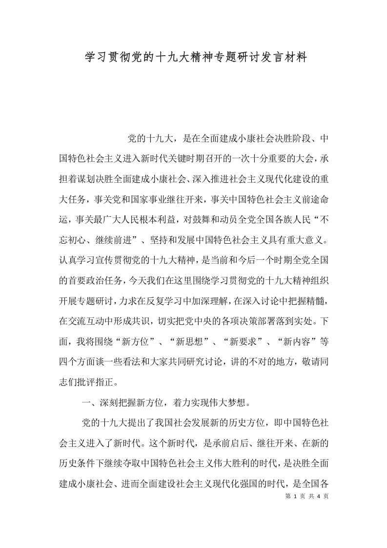 学习贯彻党的十九大精神专题研讨发言材料（一）