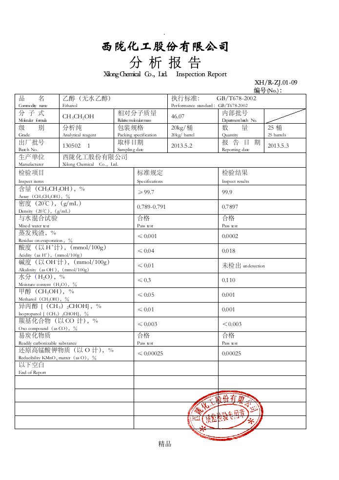 无水乙醇最新sgs报告