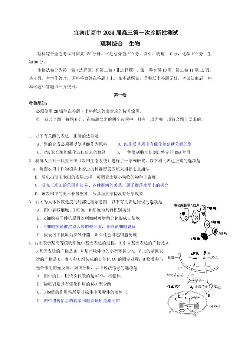 四川省宜宾市2024届高三第一次诊断性(12月)生物试题