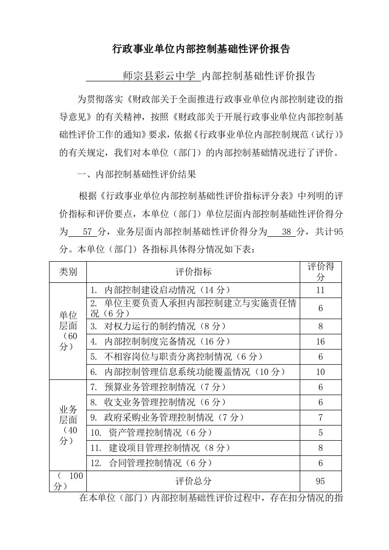 学校内部控制评价报告