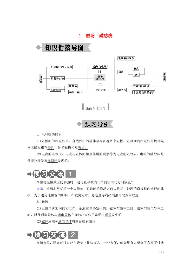 2020_2021学年新教材高中物理第十三章电磁感应与电磁波初步1磁场磁感线学案新人教版必修3