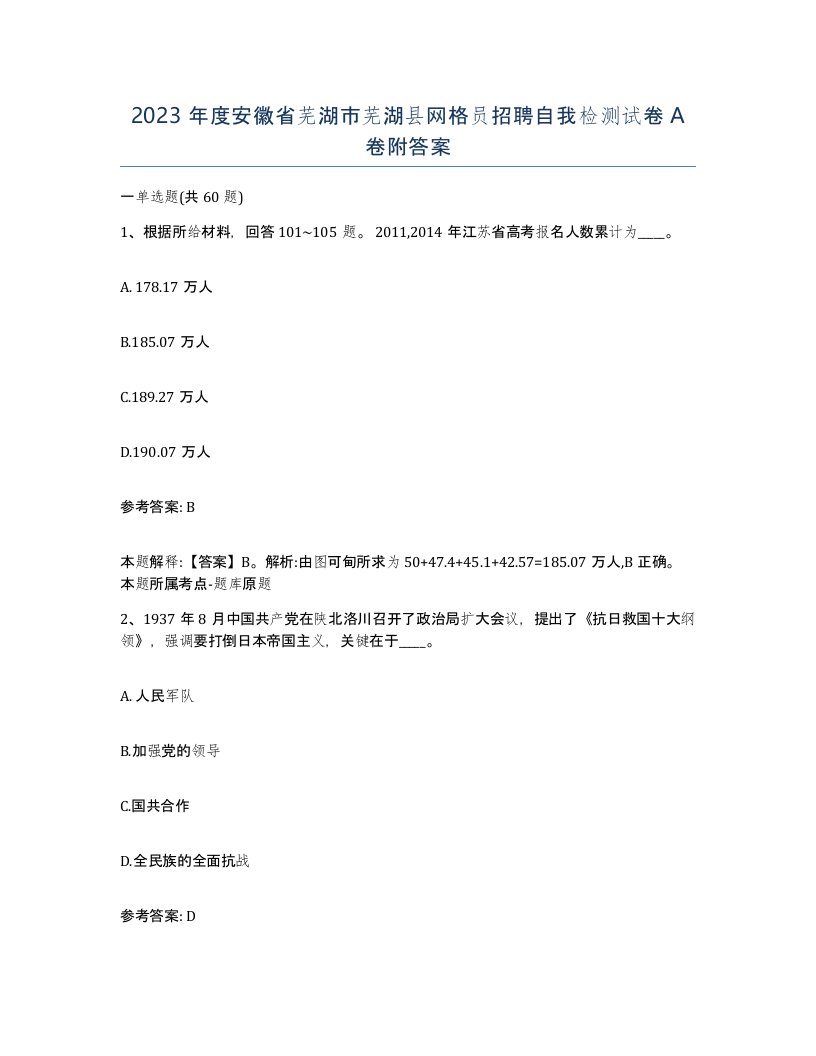 2023年度安徽省芜湖市芜湖县网格员招聘自我检测试卷A卷附答案