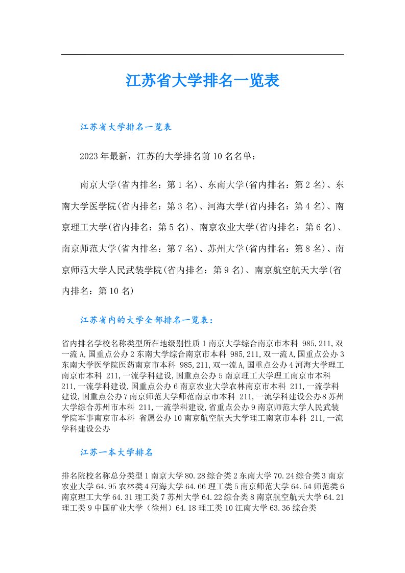 江苏省大学排名一览表