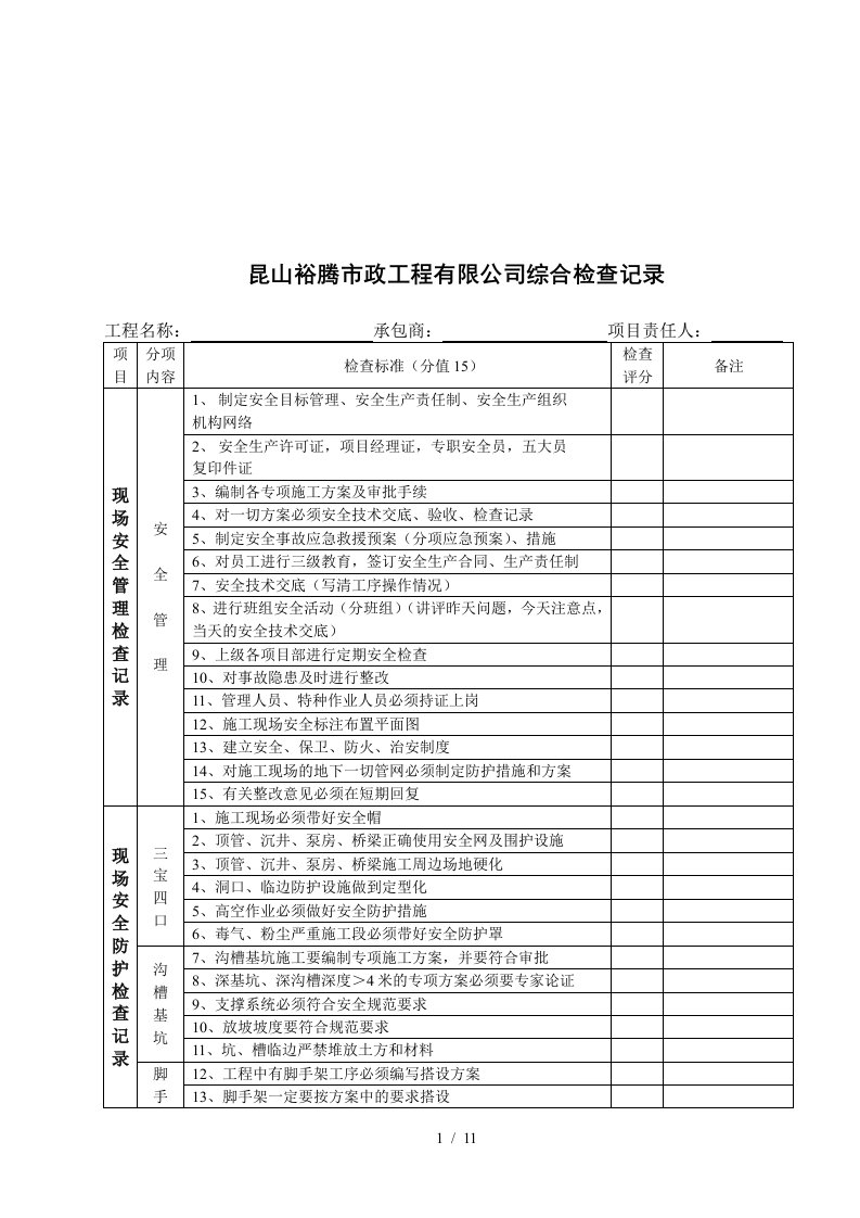 市政工程公司综合检查记录表