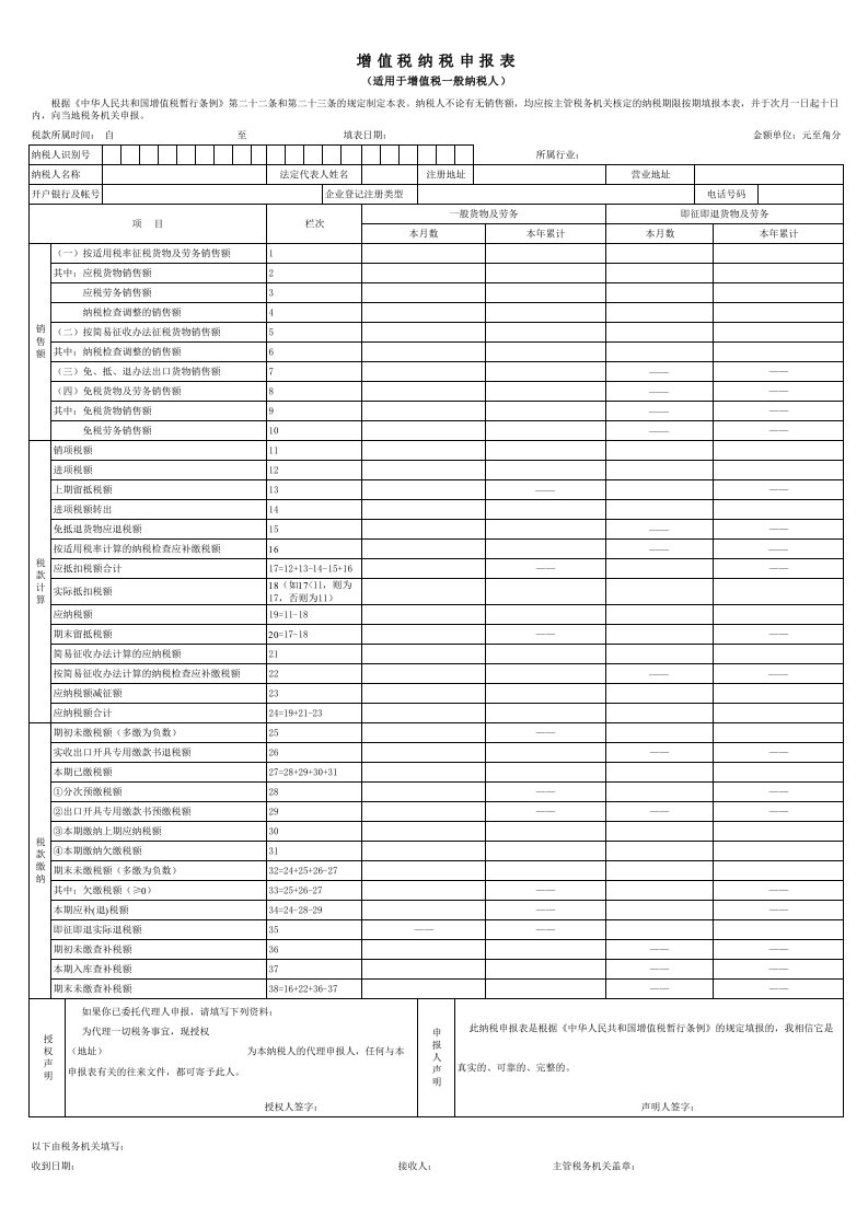 增值税纳税申报表-空白样表