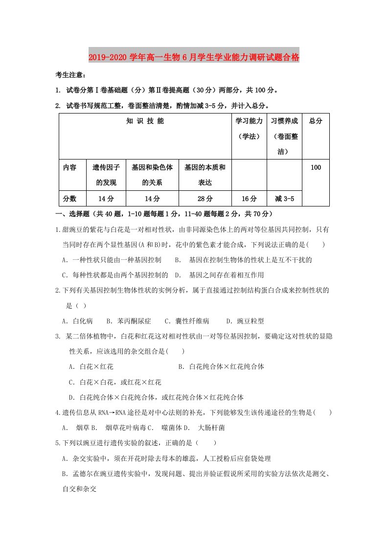 2019-2020学年高一生物6月学生学业能力调研试题合格