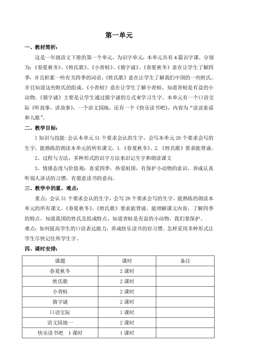 (完整)部编版一年级语文下册单元备课