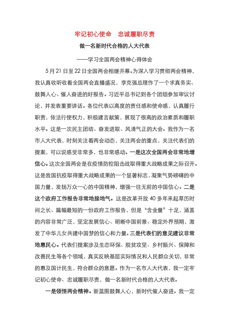 牢记初心使命忠诚履职尽责做一名新时代合格的人大代表学习全国两会精神心得体会