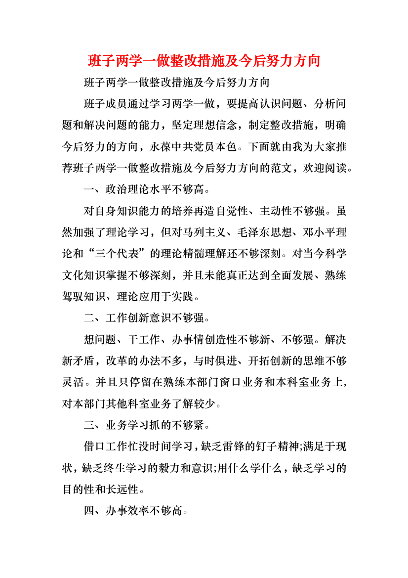 班子两学一做整改措施及今后努力方向