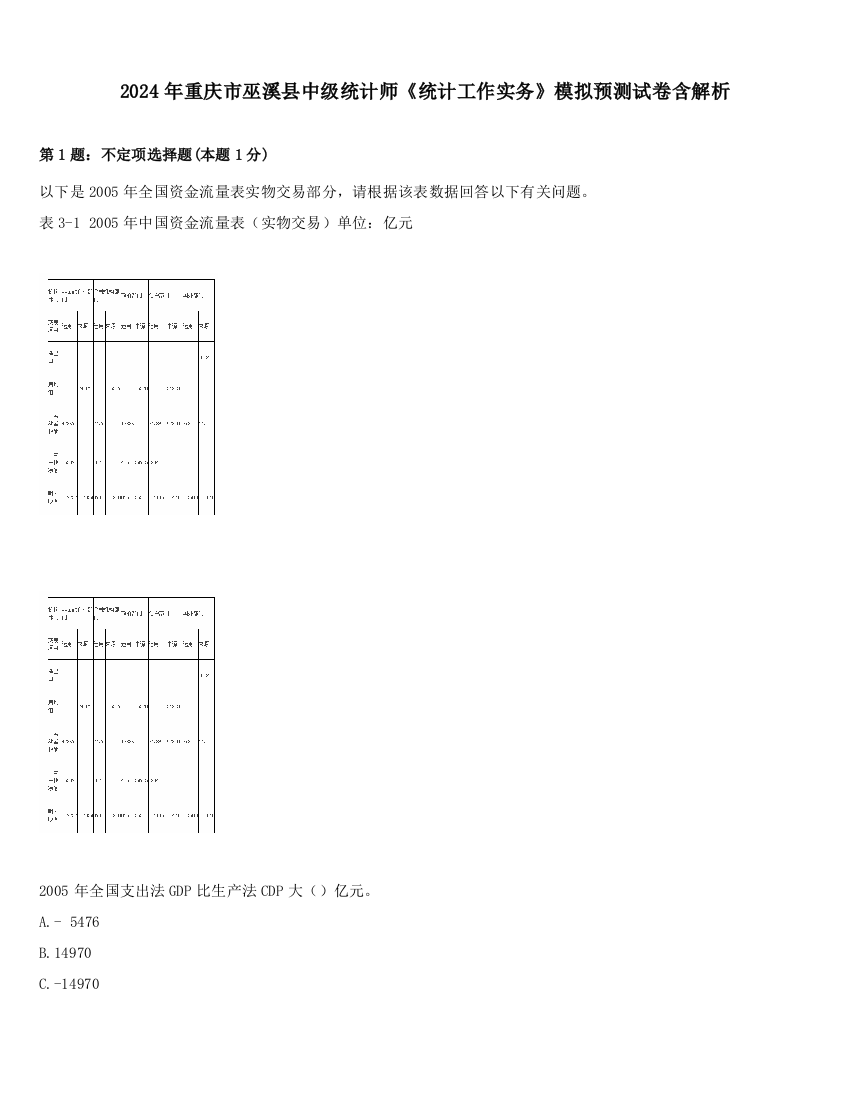 2024年重庆市巫溪县中级统计师《统计工作实务》模拟预测试卷含解析