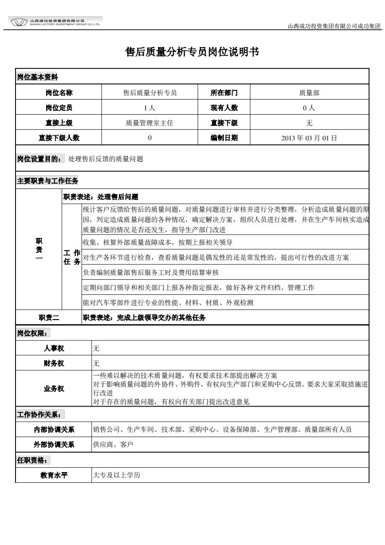 售后质量分析专员岗位说明书