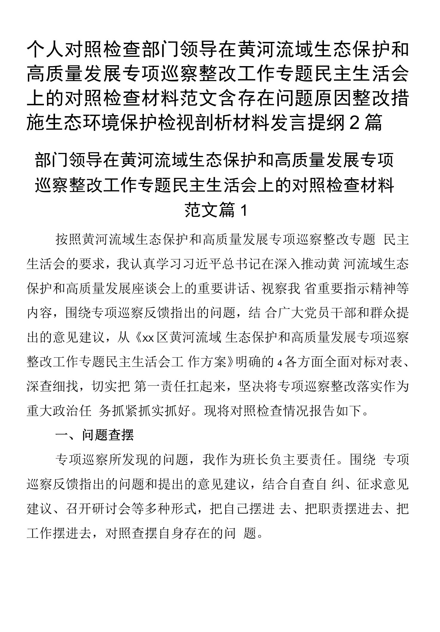 个人对照检查部门领导在黄河流域生态保护和高质量发展专项巡察整改工作专题民主生活会上的对照检查材料范文含存在问题原因整改措施生态环