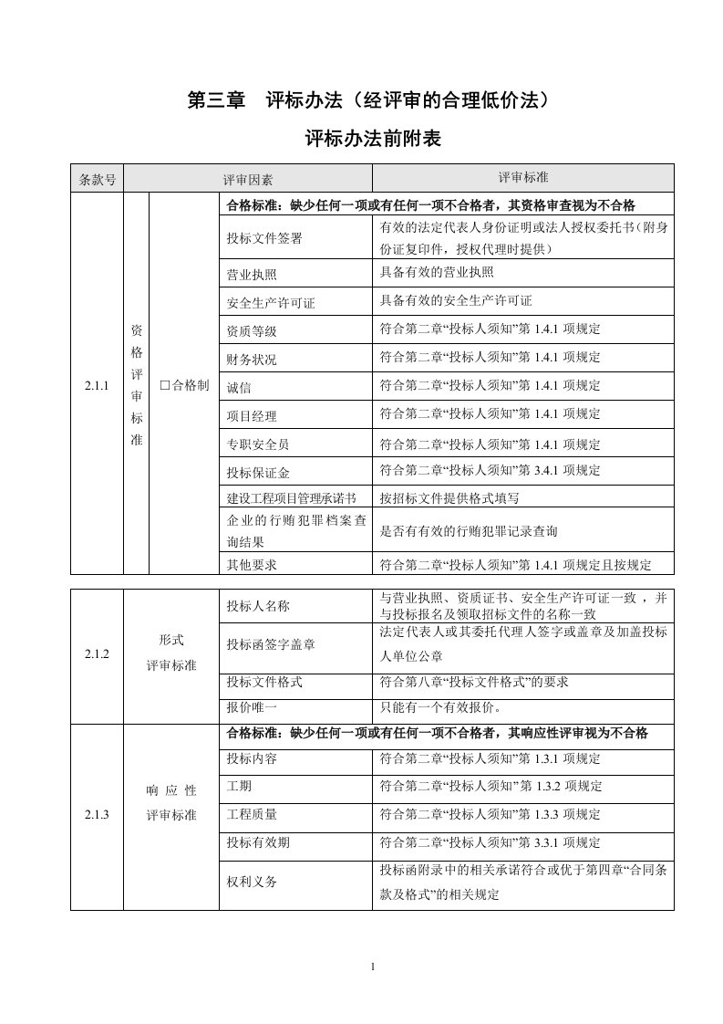 第三章评标办法（经评审的合理低价法）