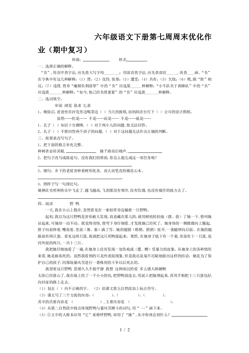 六年级语文下册第七周周末优化作业(期中复习)