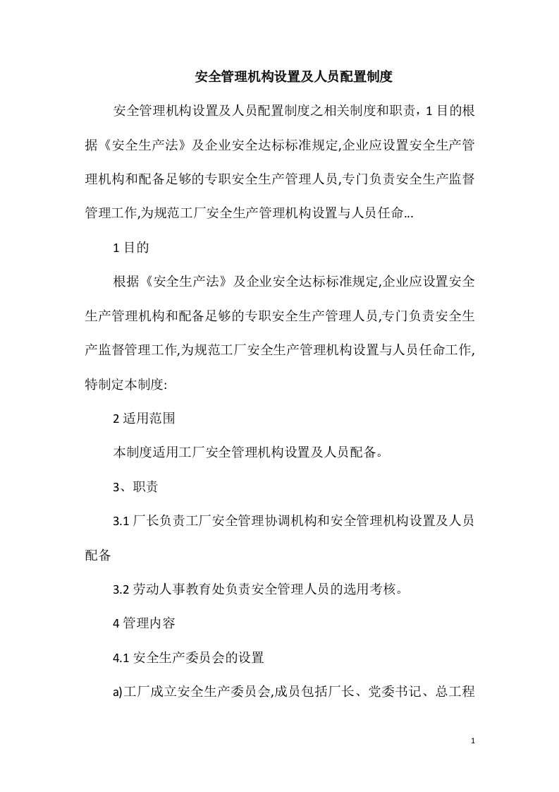 安全管理机构设置及人员配置制度