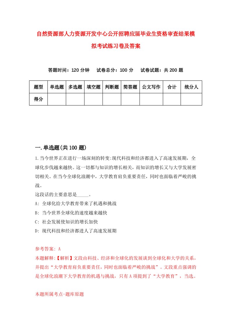 自然资源部人力资源开发中心公开招聘应届毕业生资格审查结果模拟考试练习卷及答案第1套