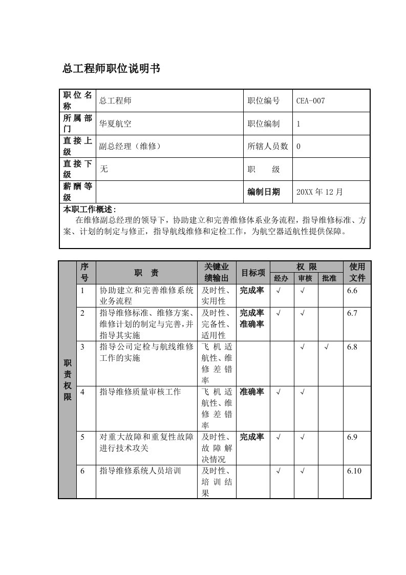 工程标准法规-某航空物流公司总工程师职位说明书及关键绩效标准