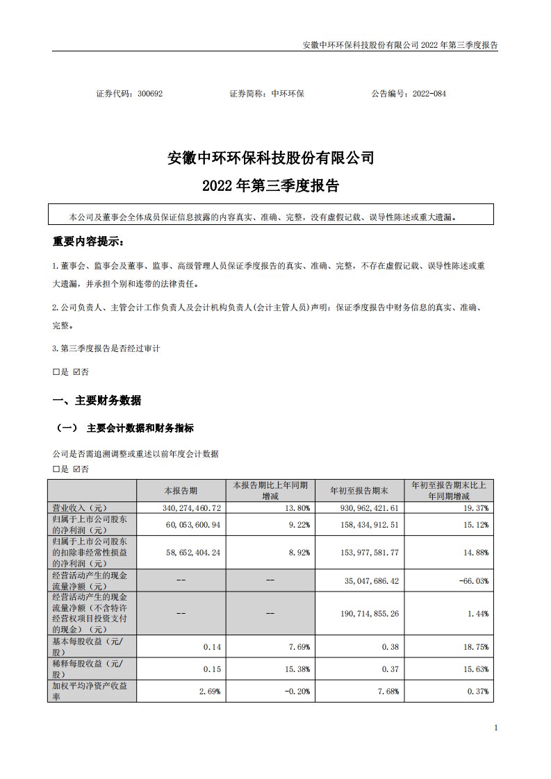 深交所-中环环保：2022年第三季度报告-20221017